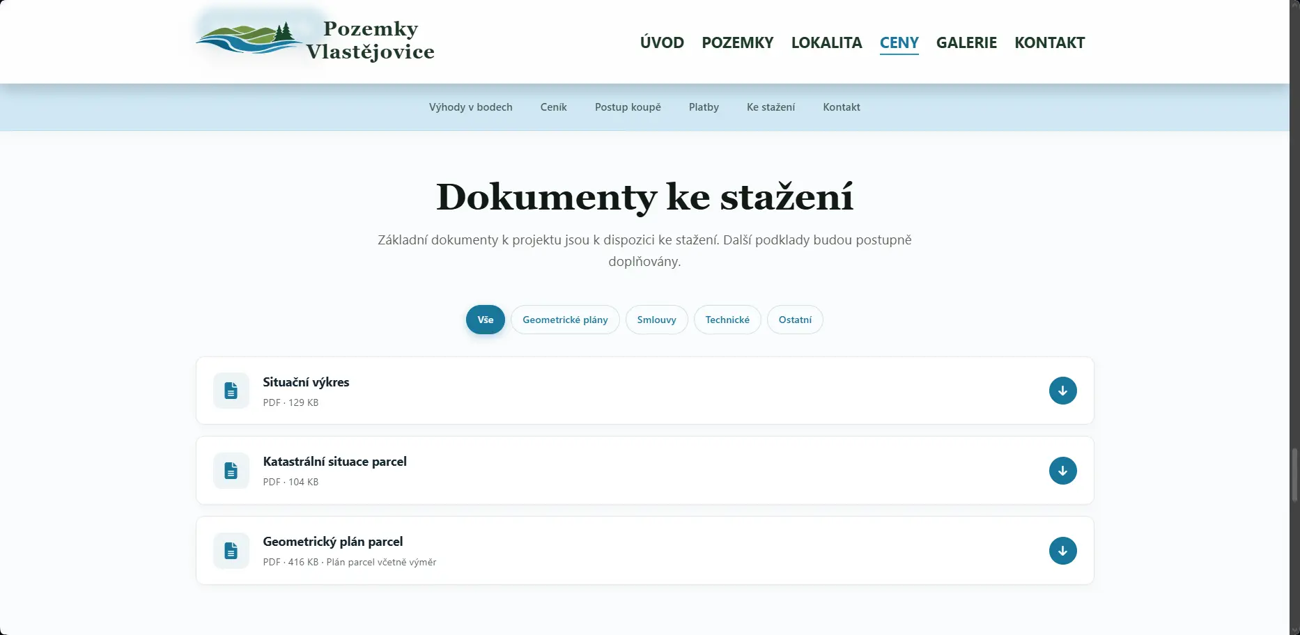 Pozemky Vlastějovice - cenová tabulka